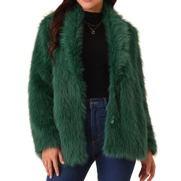 Pockets Lapel Shaggy Warm Winter Overcoat Fluffy Jackets Dark Green - Picture 1 of 5